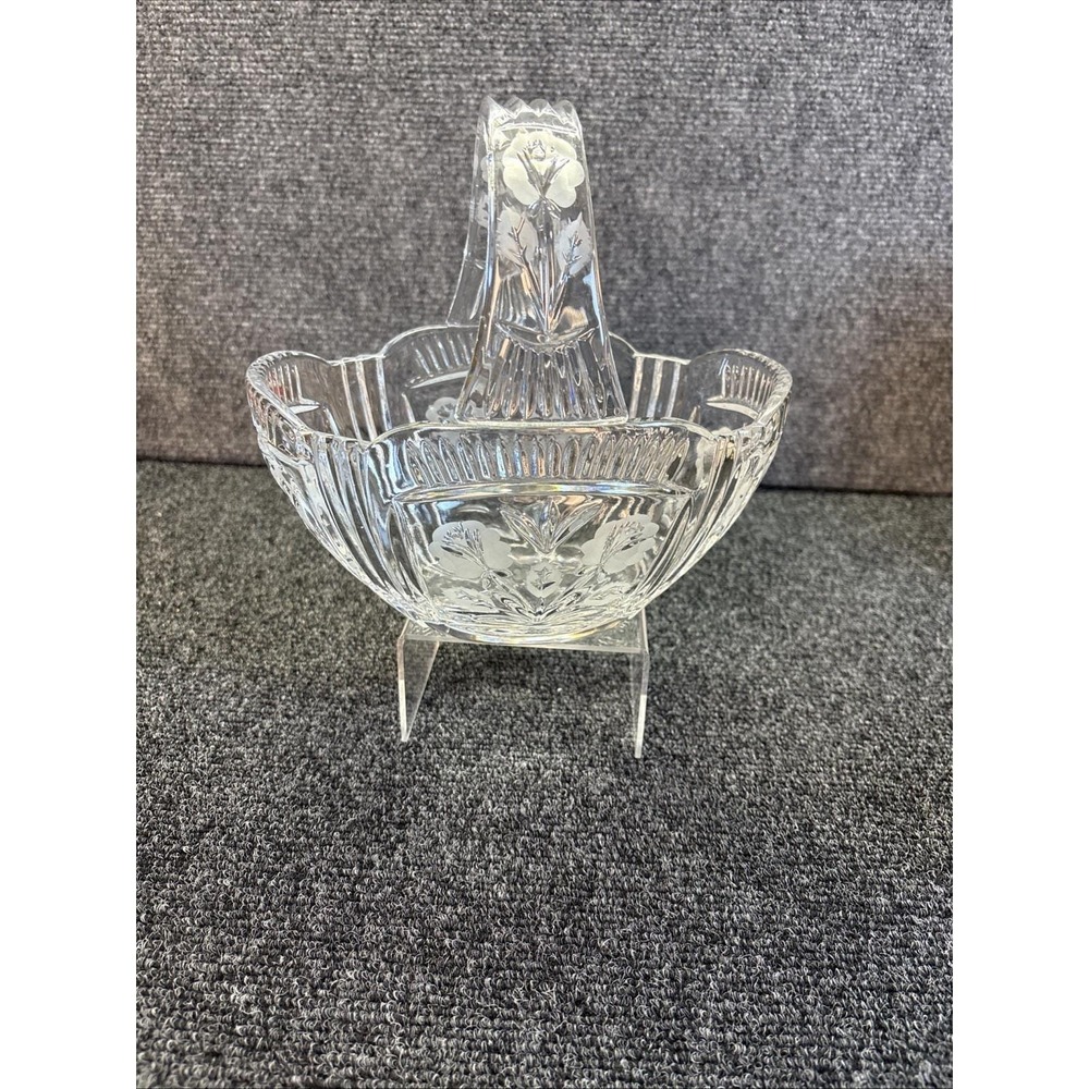Vtg~Crystal Glass Clear Basket with Handle~Etched Rose motif